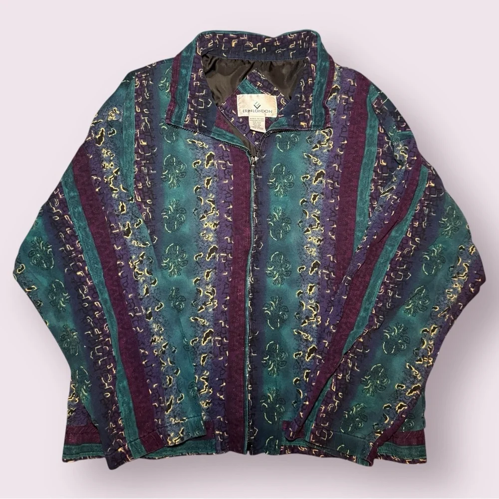 Vintage 80s 90s Grunge Silk Bomber Jacket with a Boho Abstract Print - Picture 2 of 10